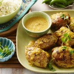 Grilled chicken thighs with curried peach sauce