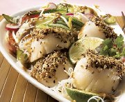 Sesame scallops with Asian peanut and vegetable stir-fry